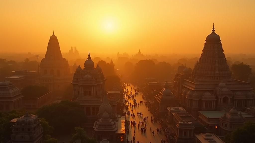 High-quality cinematic video. A breathtaking, wide-angle shot of the majestic South Indian kingdom of Vijayanagara at sunset, bathed in a warm golden glow. Ornate temples, bustling markets, and grand palaces are visible. The camera slowly pans across the prosperous city.