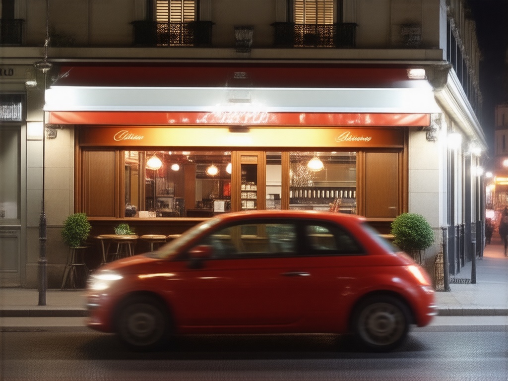still image set in Paris at night showing a cafe with a small car slightly blurred from movement with slight light streaks that is passing in front of the cafe, photorealistic, highly detailed, full color, well lighted, saturated color, film still, shot at film