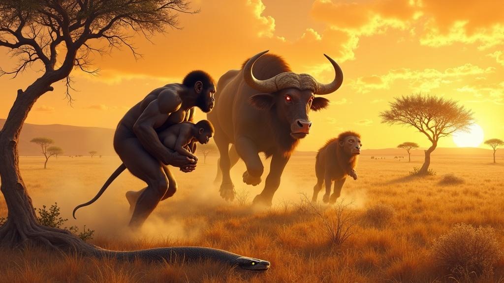A breathtaking, hyperrealistic painting in the style of Zdzisław Beksiński depicts two Australopithecus, a muscular male cradling a female, fleeing across a sun-drenched savannah; acacia trees dot the horizon as a colossal bull with incandescent red eyes charges, a venomous snake hissing menacingly in the foreground, creating a chaotic yet beautiful scene of primal survival.
