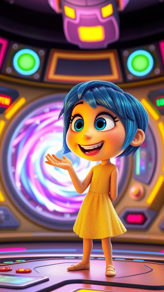A close-up 3D Pixar-style scene of Joy from Inside Out. She is standing in a colorful, high-tech control room, leaning forward with an excited and curious expression. Her bright yellow glow illuminates her face as she gestures energetically toward a swirling magical portal. The background features vibrant buttons and panels, with the portal radiating icy blue and purple energy.