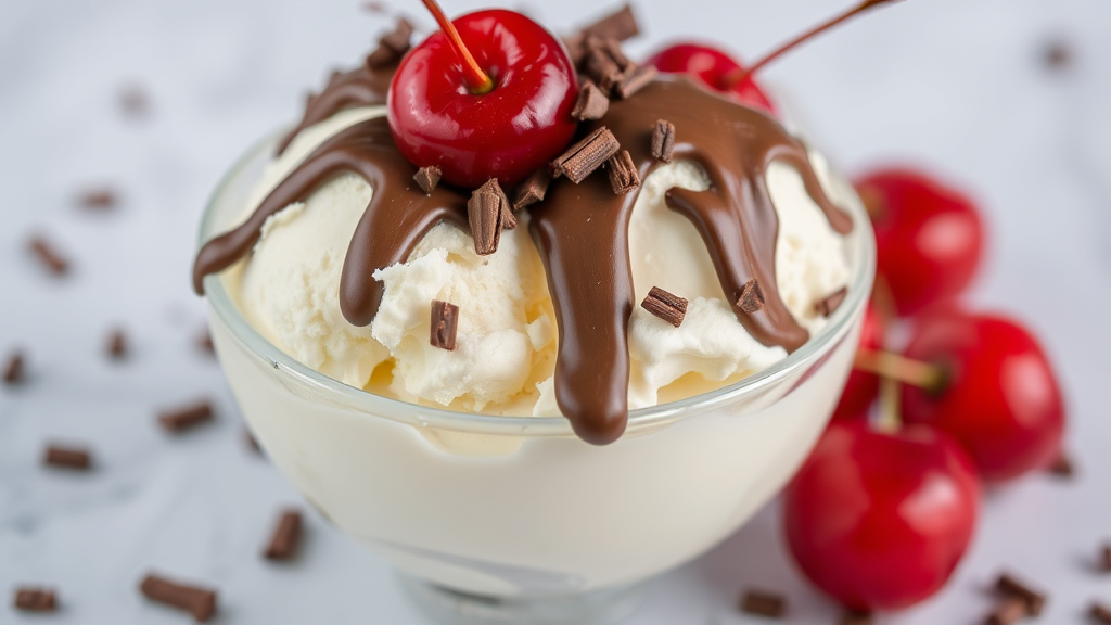 Vanilla ice cream with chocolate and cherry

