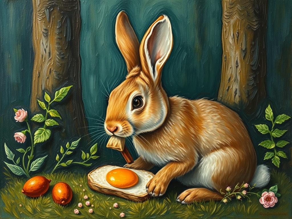 rabbit in the forrest eating schnitzel oil painting van gogh style


