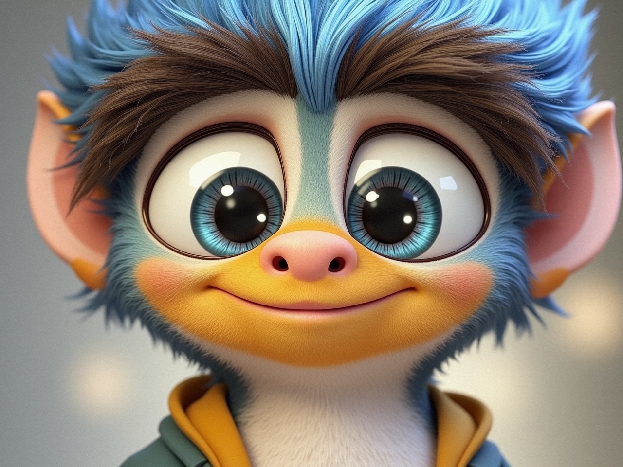 a cute character with big expressive eyes, disney pixar style