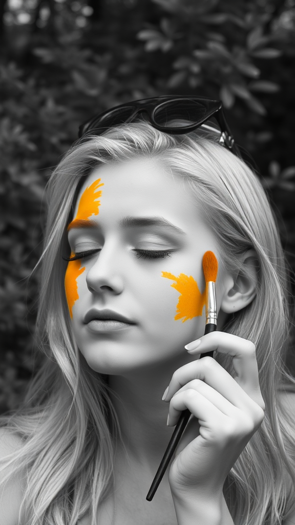 The image is a black and white portrait of a young woman with blonde hair. She is holding a paintbrush in her right hand and is applying orange and yellow paint to her face. The woman's eyes are closed and her expression is peaceful and serene. The background is blurred, but it appears to be an outdoor setting with plants and trees. The overall mood of the image is dreamy and ethereal.