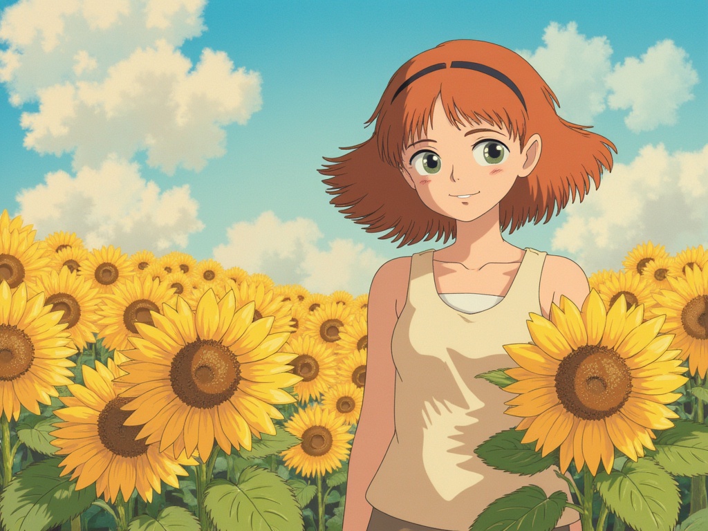 A slender girl with pixie-cut auburn hair, captivating light green eyes, and a cherubic smile, standing amidst a field of vibrant sunflowers under a whimsical, pastel sunset;  a whimsical, painterly style evoking a sense of carefree joy and youthful innocence, reminiscent of early 20th-century children's book illustrations.
