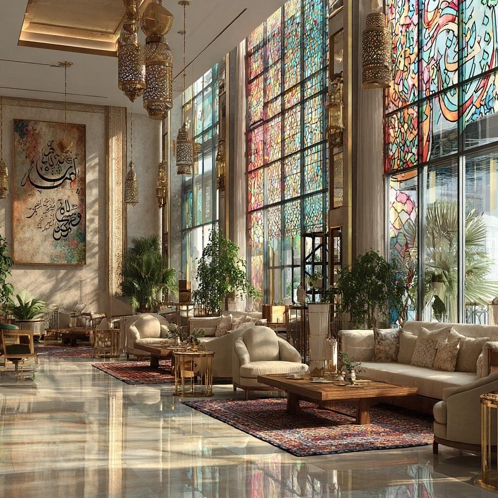 Ultra-realistic luxurious interior inspired by Persian and Islamic art. Stained glass windows with colorful calligraphy cast light on polished marble floors. Elegant cream furniture, gold lanterns, Persian rugs, lush plants, and a grand calligraphic artwork on the wall. Warm, peaceful, high-end ambiance.