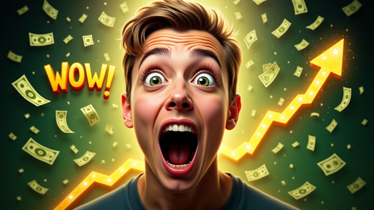 Image with a surprised person in the front and in the back a lot of money and a growth graph with lots of illumination and raining money.