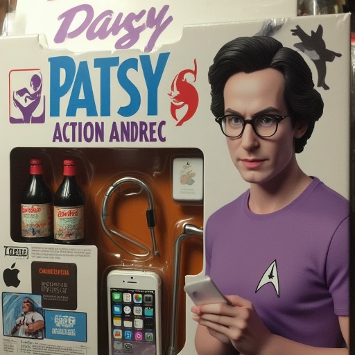 Create an action figure set based on the character in the photo, keeping their distinct features. The set includes one figure modelled after the photo’s character, along with a bottle of Coca-Cola, a coffee, an iPhone, a Stargazer and walking cane.  The character is wearing a purple Star Trek t-shirt.  The packaging box is titled Patsy in bold text.  The box should be purple and white.  