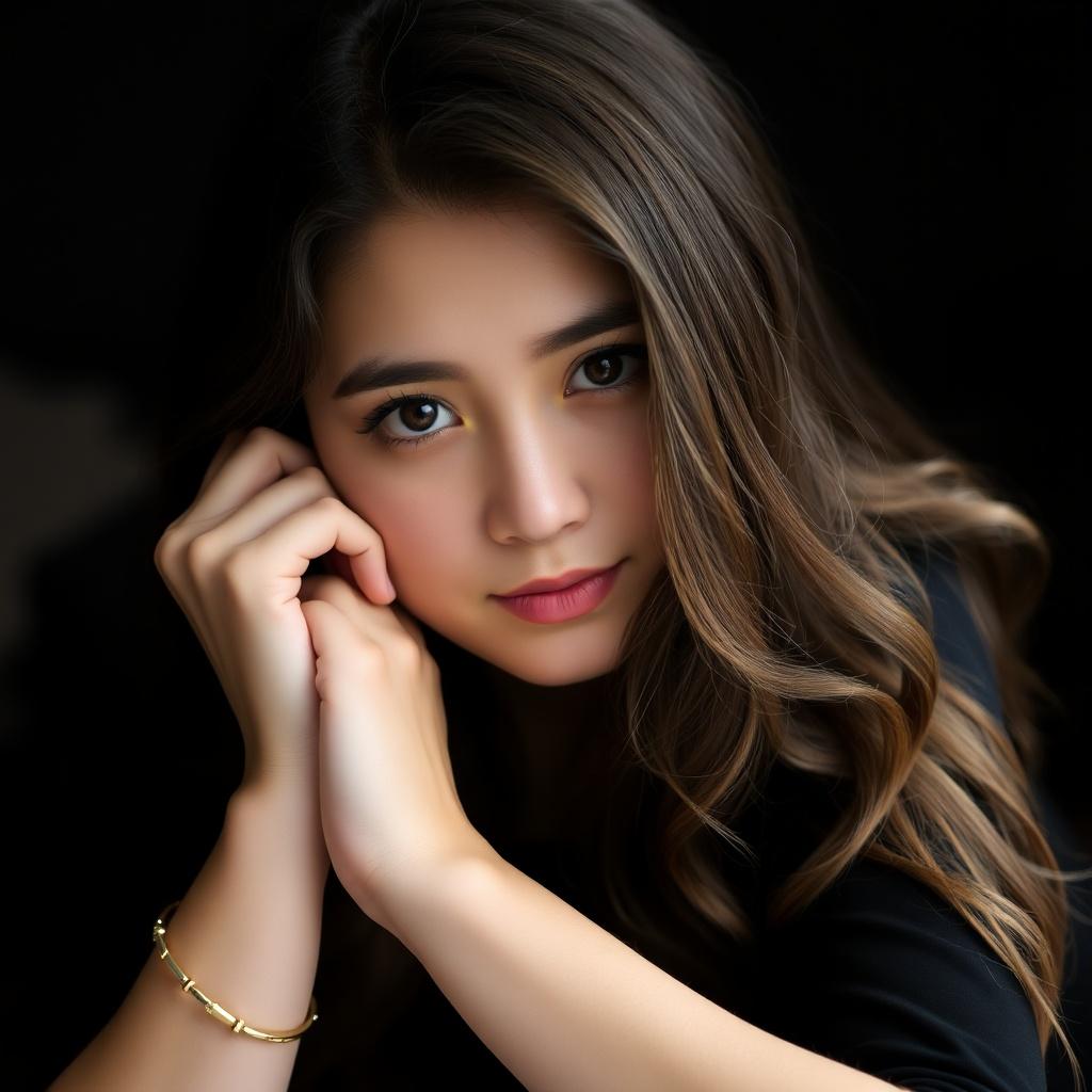A [young] woman with [long, wavy brunette hair] rests her head on her clasped hands, she is looking in the camera. She is dressed in [a black top] and wears [a delicate bracelet on her left wrist]. Her expression is [gentle and thoughtful], enhanced by [natural makeup and a hint of pink lipstick]. The background is [dark and blurred], drawing attention to [her face and hands].