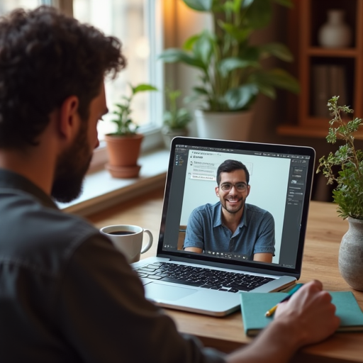 A split-screen image of two people working remotely. One person is a man focused on a laptop with a PDF full of tracked changes, the other is smiling on a video call. Cozy home environments, notebooks and coffee around. Warm lighting, natural tones. Ultra realistic
