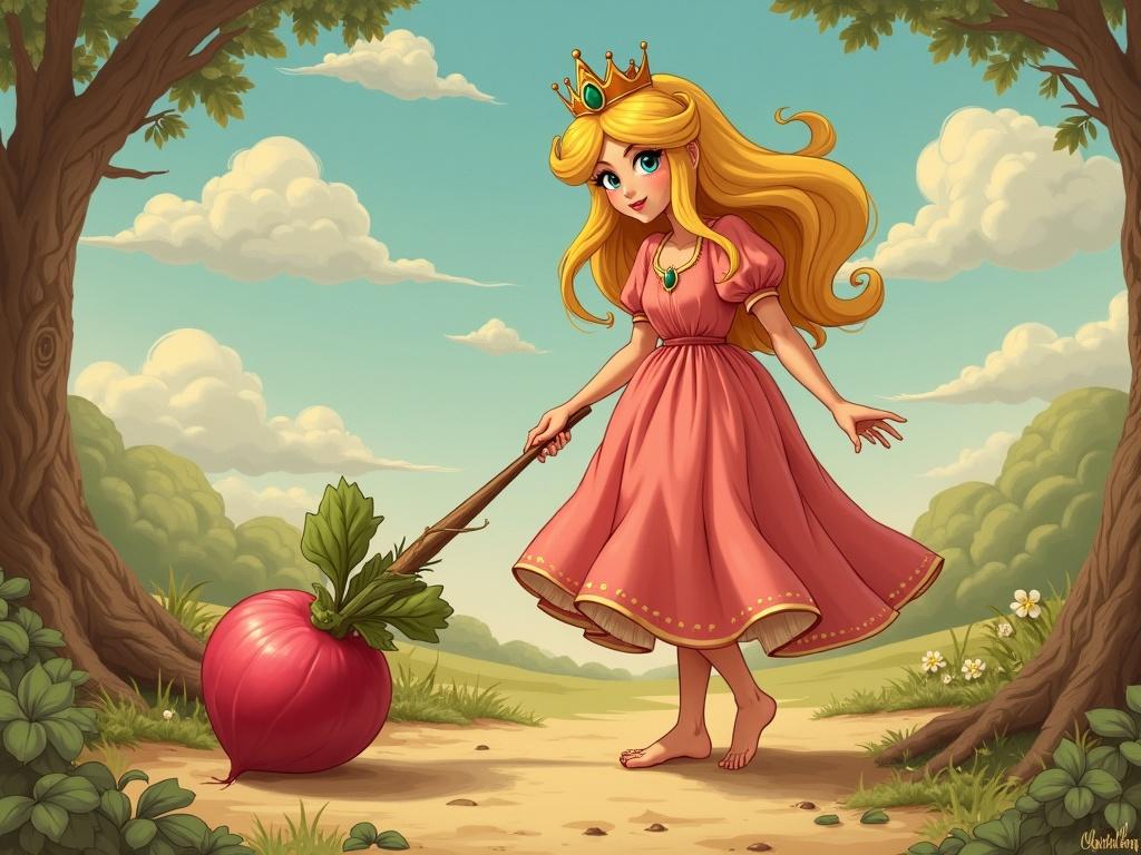 Princess peach pulling a turnip barefoot with a strained look 
