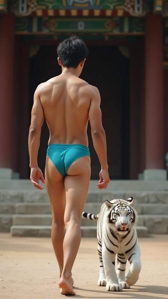 a shirtless muscular twenty years old korean guy wearing a cyan jockstrap walking barefoot front of a traditionnal korean temple next to a baby white tiger