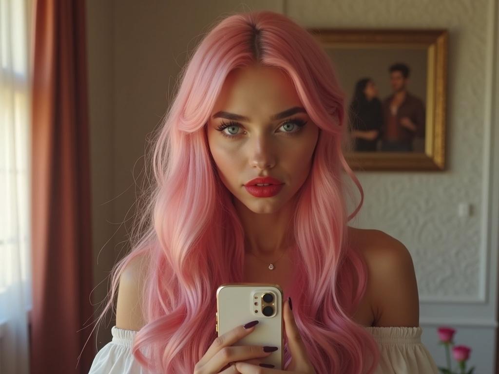 Ultrarealism, photorealism. 22 year old Latina with long pink shiny hair, bright blue eyes and big red lips. Standing in a beautiful cozy room, in front of a mirror with phone, filming herself on camera
