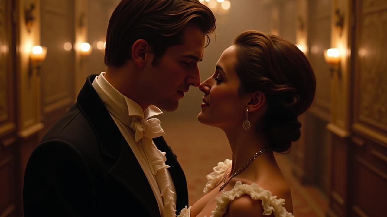 Create a YouTube thumbnail with the following specifications: Image Dimensions: 1280 x 720 pixels (16:9 aspect ratio). Instructions: A dramatic image of a young couple tenderly looking into each other’s eyes, dressed in aristocratic 19th-century clothing. The background is a blurred, opulent ballroom. Text overlay: 'Can Love Defy Destiny?' Use warm tones for a romantic feel, with a hint of mystery.