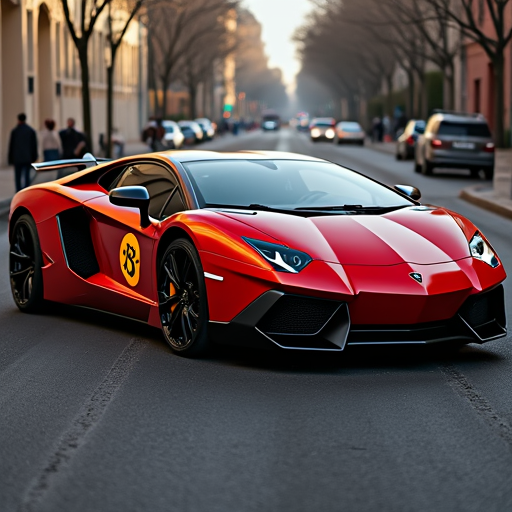 Super car, with Bitcoin crypto logo on the side of car door
