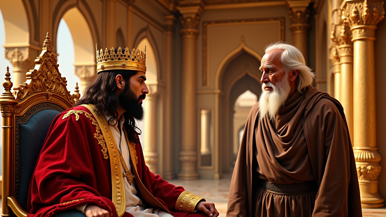 “Create a YouTube thumbnail image in cinematic realistic style, matching the visual identity of historical Arabic storytelling channels. No text on the image.

Details:

A young Arab king, around 35 years old, handsome Arab features, wearing a golden crown and luxurious royal robes in golden and red colors, sitting arrogantly on a lavish golden throne.

In front of him, an elderly Arab man, around 70 years old, with a long white beard, wearing a simple brown cloak, his face showing wisdom and sadness, standing humbly before the king.

Background is a grand Arabic palace hall decorated with arches, Islamic ornaments, golden silk curtains, ornate pillars.

Warm golden lighting, dramatic shadows, high details in fabrics and facial features.

Cinematic, dramatic, realistic style, focus on expressive faces, rich and vibrant colors, visual 