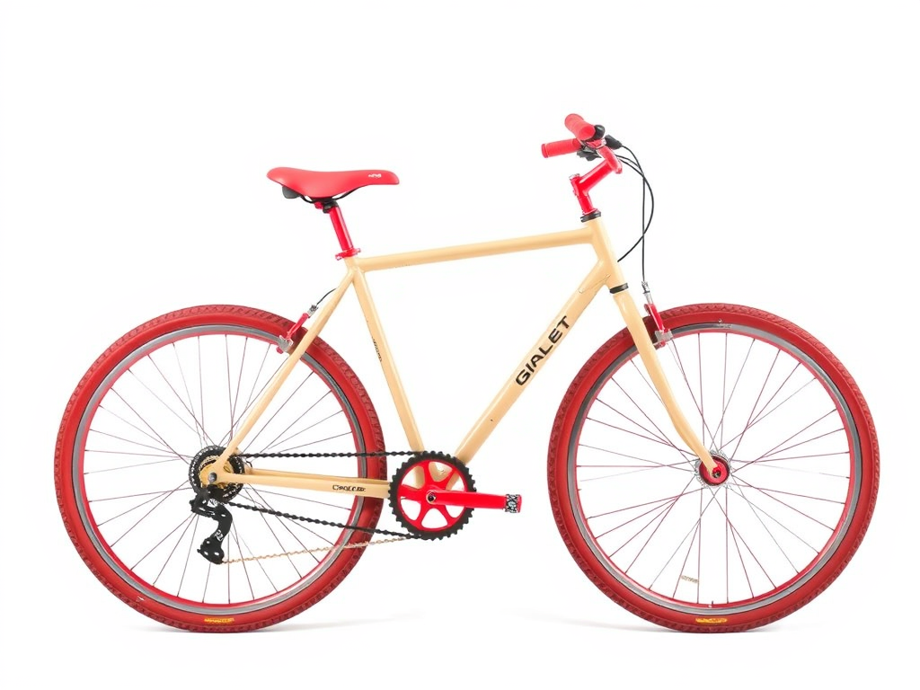 a gravel beige bicycle with red tires and handlebars, red spokes and gears, against a plain white background, side view