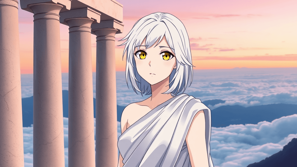 Anime Style, Portrait, Full Frame, Yellow Eyes, Shoulder Length White Hair with a Subtle Blue Tint, White Skin, Demigod, Slender, Young, Confident, Strong, Standing in Silk Greek Toga, Proud Posture. Standing next to the center one of five marble columns arranged in a row, overlooking the dawn mountains and clouds below. Her face is caught in the pink rays of dawn, early morning. Anime Face.
