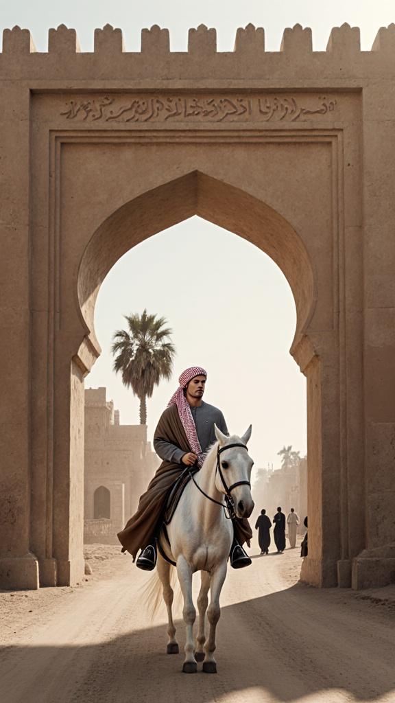 Draw 9:16 ration a hyper realistic and cinematic image.Cristiano Ronaldo is wearing traditional Arabic cloth (brown and grey (thobi) and (rea and white keffiyeh) and riding a (white) horse.A large arched gate, representing the entrance to the city. This appears to be an Islamic or Middle Eastern-style building, made of mud, limestone, or stone. Background: A few people are standing across the gate, and a palm tree is visible in the distance. The road is dirt and dusty, giving the impression of a rural area.