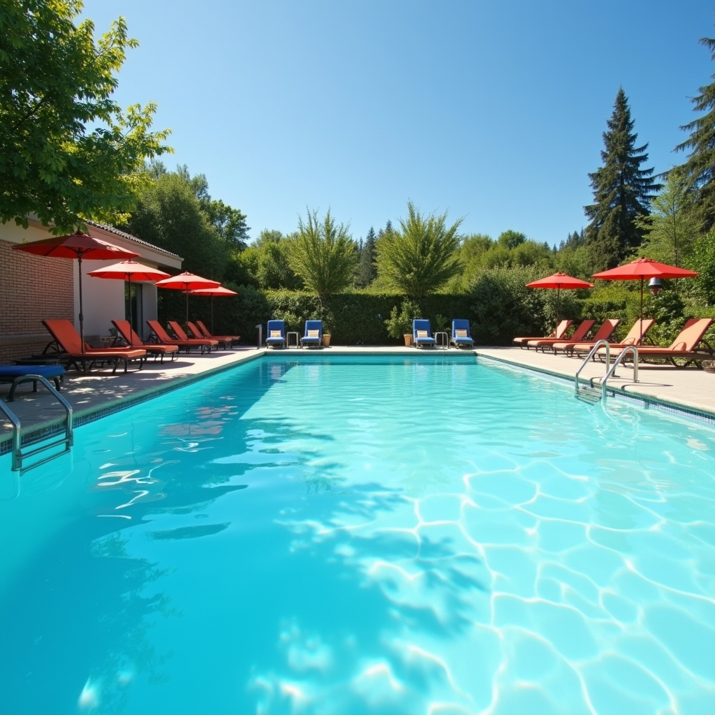 An outdoor swimming pool with clear water