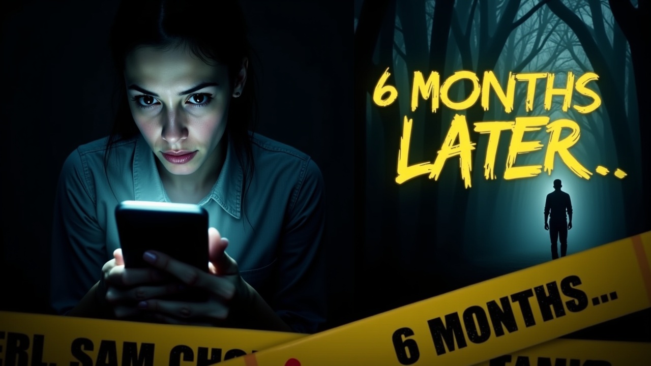 Create a dramatic and impactful YouTube thumbnail for a true crime video titled: "She thought she was meeting a client... His body was found 6 months later."
The composition should immediately grab attention and generate curiosity.

Visual elements to include:

A young woman's face (realistic or semi-realistic style), 20-25 years old, with a worried or suspicious look, illuminated by a cool light. She should be placed on the left side of the frame.

A phone in her hand with a message icon or alert (to suggest an online meeting).

In the background to the right, a dark forest or nighttime alleyway, with a foggy effect, reinforcing the mystery and danger.

A blurred or menacing male silhouette in the shadows (back turned or partial profile), to embody the invisible danger.

 Bottom right, a slightly blurred yellow crime scene tape, with "6 months later..." written in small letters.

Uses a dark color palette: black, gray, and midnight blue, with accents in yellow (subtitles) and red (key elements) to reinforce contrast and urgency.

Text on thumbnail:
Top or center: "6 MONTHS LATER..." in bright yellow, bold capital letters, with a slight dramatic shadow effect.

Overall style: cinematic, realistic, dramatic, similar to the style of Netflix true crime documentary series.