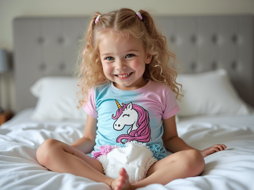 White female slim girl, 14 year old, laying on bed, wearing colorful unicorn shirt,  wearing unicorn diaper, smug grin, showing diaper

