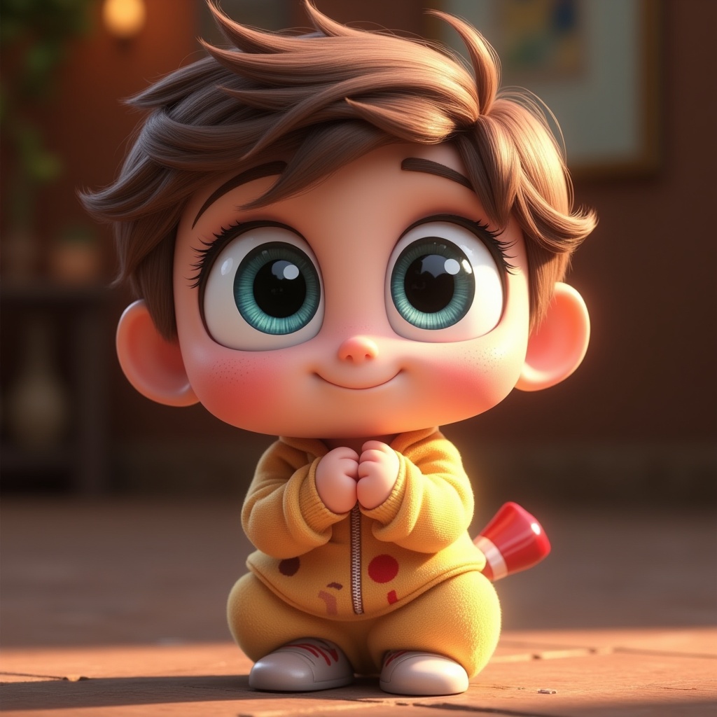 a cute character with big expressive eyes, disney pixar style