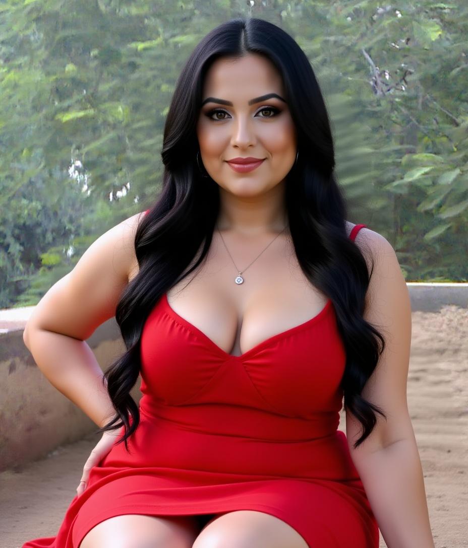 Sexy bbw wife with big tits and long black hair wearing sexy short red nightgown
