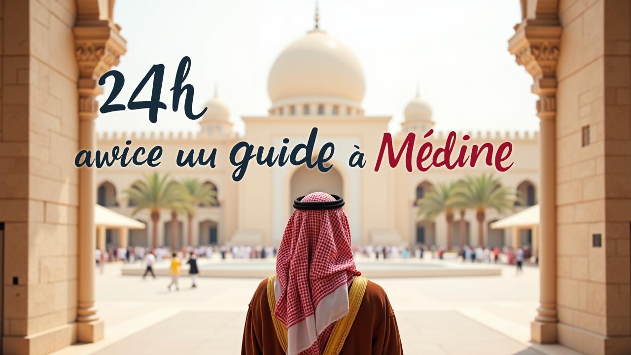 j'aimerais une miniature ou il y a écrit avec une police type inoxtag Michou 24h avec un guide à médine. J'aimerais une personne de dos avec une tenue saoudienne traditionnelle. médine en fond, la mosquée de quba, la palmeraie de Medine aussi un truc vraiment stylé. bien écrire en gros "24h avec un guide à médine" et mets en avant la ville de médine et le masjid Al nabawi