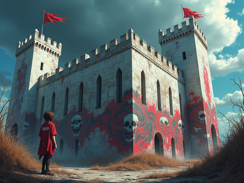 A lone female anime graffiti artist, DANNA emblazoned on her back, paints death-themed murals—skulls, weeping angels, and swirling vortexes of crimson and black—across a colossal white castle's weathered walls under a stormy, bruised sky; tattered AOD flags, defiantly flutter atop the battlements, a stark contrast to the macabre art below, creating a chaotic yet visually striking scene in a vibrant, random, almost psychedelic style reminiscent of early 2000s anime and street art, imbued with a melancholic, rebellious energy.  The scene is awash in deep shadows and harsh highlights, a testament to the artist's defiant spirit.
