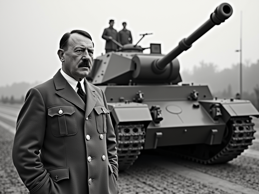 Adolf Hitler next to a Abrahams main battle tank