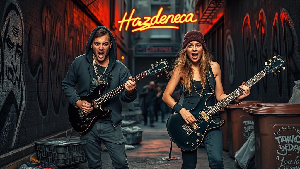 A man and a girl are dressed in rapper's clothes and are playing on black electric guitars. they are looking tough and angry and are shouting a song. They are on a dirty dark alley way with graphitty on the walls. There are some poor homless people searching trough garbage bins. Ther is a neon sign written " Hazdenecaz ".