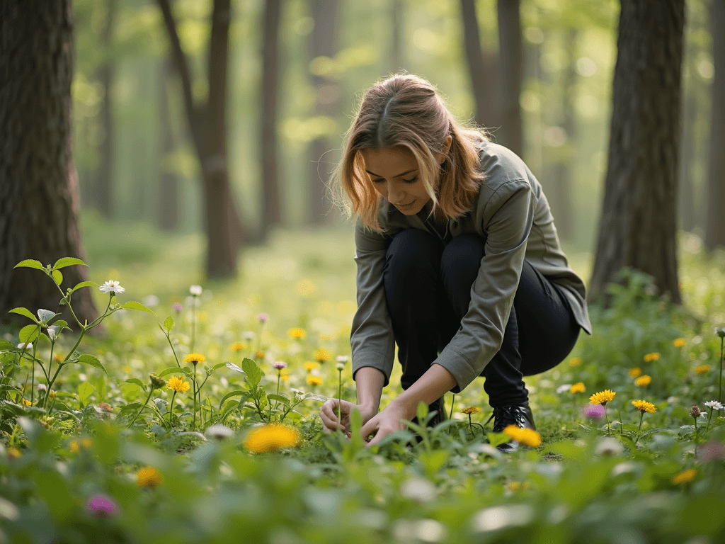 Short brownish blonde haired woman searching the forest floor for flowers in her office work clothes