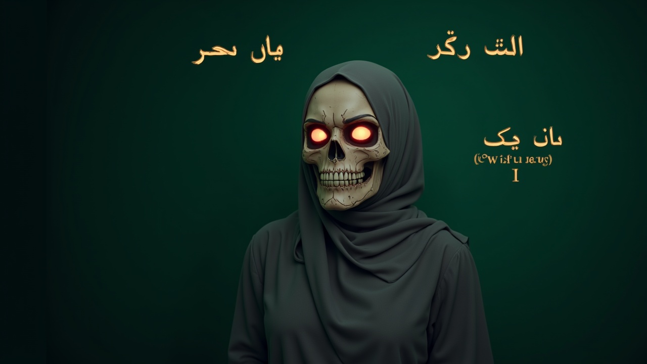 صورة لشخصية أنثوية ترتدي حجاباً رمادياً، مع خلفية خضراء غامقة و صورة جمجمة.  توجد نصوص مكتوبة باللغة العربية في الزاوية العلوية اليسرى من الصورة.