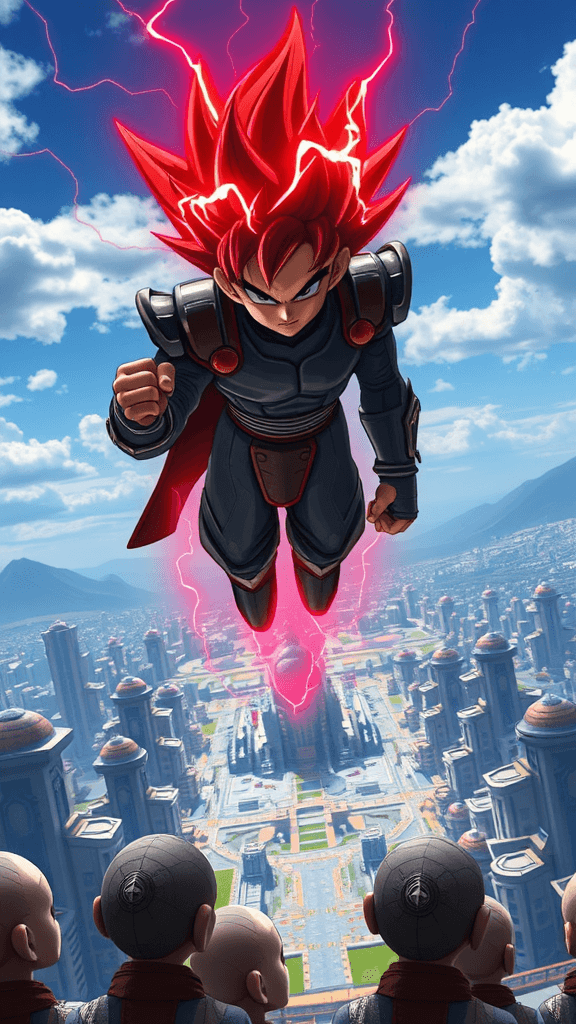 A powerful young Saiyan warrior in dark armor floats above a peaceful alien city with futuristic buildings and blue skies. His glowing red aura crackles with energy, but his face shows conflict—his clenched fists tremble as he hesitates. Below him, alien children stare up in fear. The tension is palpable. Disney Pixar 3D style, cinematic lighting, dramatic contrast