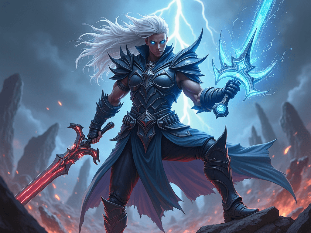 A powerful warrior-mage hybrid with silver-white hair and glowing blue eyes, wielding a massive enchanted greatsword in one hand and magical daggers floating around the other. His armor combines futuristic assassin gear with dark holy knight plating, glowing with blue and red energy. The background is a stormy battlefield with lightning and shattered stone pillars. Dramatic pose, cinematic lighting, high-detail fantasy game concept art style.