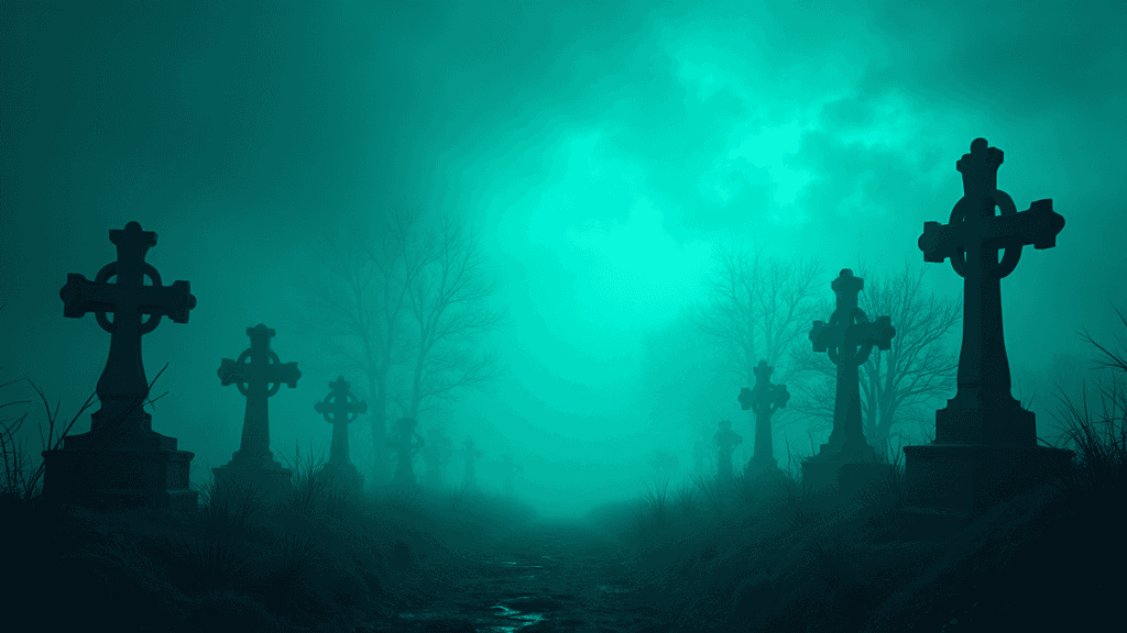 epic gloomy background, turquoise colors, graveyards