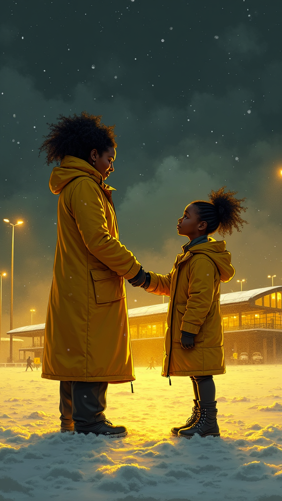 Hyper-detailed hand-drawn scene: African woman in a thick yellow coat warmly greeting a younger African girl just off a plane, snowy ground glowing yellow under black clouds, airport terminal with flickering lights, glowing fog effects around, rich yellow-black color palette