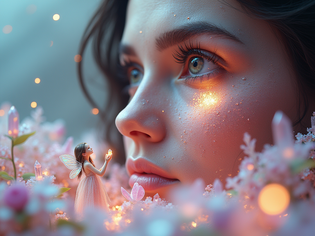 A glitch-art rendering of a miniature world: a giant woman's face, emerging from a crystal garden, her eye reflecting fractured light, tiny fairy-like beauticians with translucent, iridescent wings collecting glowing crystal dust, applying it as makeup on her cheek, pastel hues, sparkling flowers, floating orbs of light, ethereal atmosphere, a sense of wonder and delicate chaos, reminiscent of a surrealist dream, showcasing the interplay of macro and micro, digital distortion subtly enhancing the dreamlike quality.
