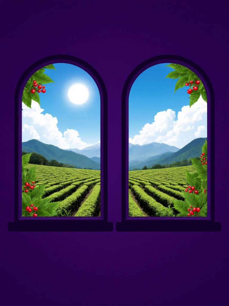 The image shows two windows with green leaves and red berries on them. The windows are set against a purple background. Through the windows, we can see a beautiful landscape of a tea plantation with rows of tea plants and mountains in the distance. The sky is blue with white clouds and the sun is shining brightly. The overall mood of the image is peaceful and serene.