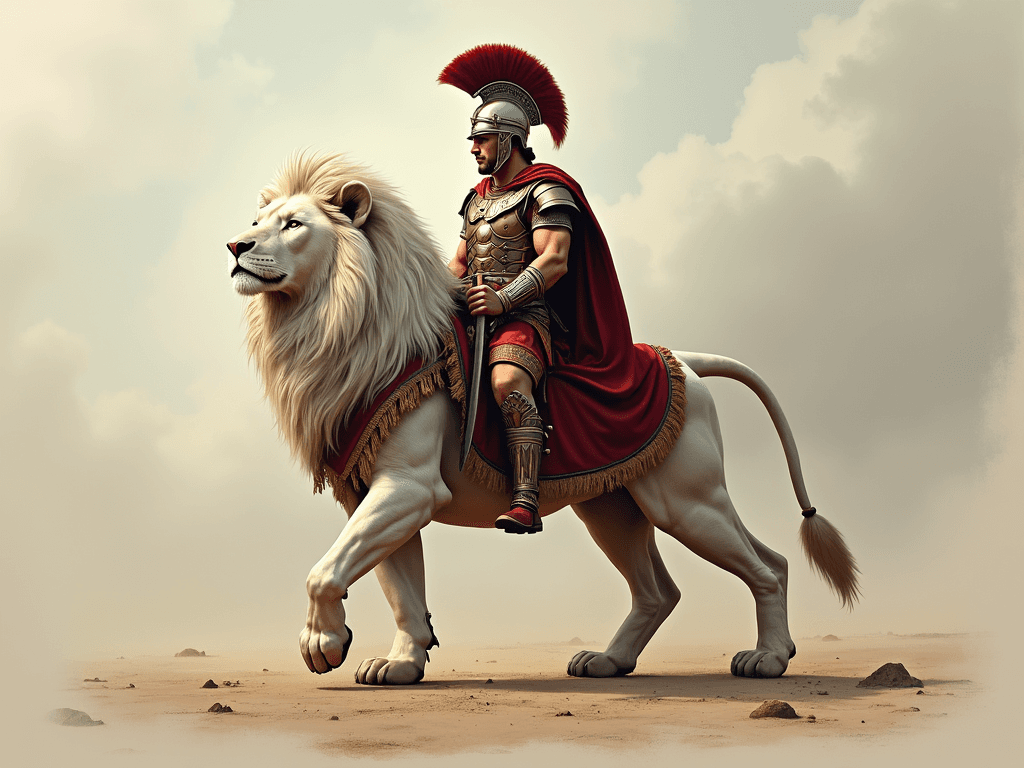 genera la imagen de un león blanco parado sobre sus dos patas traseras utilizando un uniforme de guerra y escudo espartano. Utiliza un estilo realista