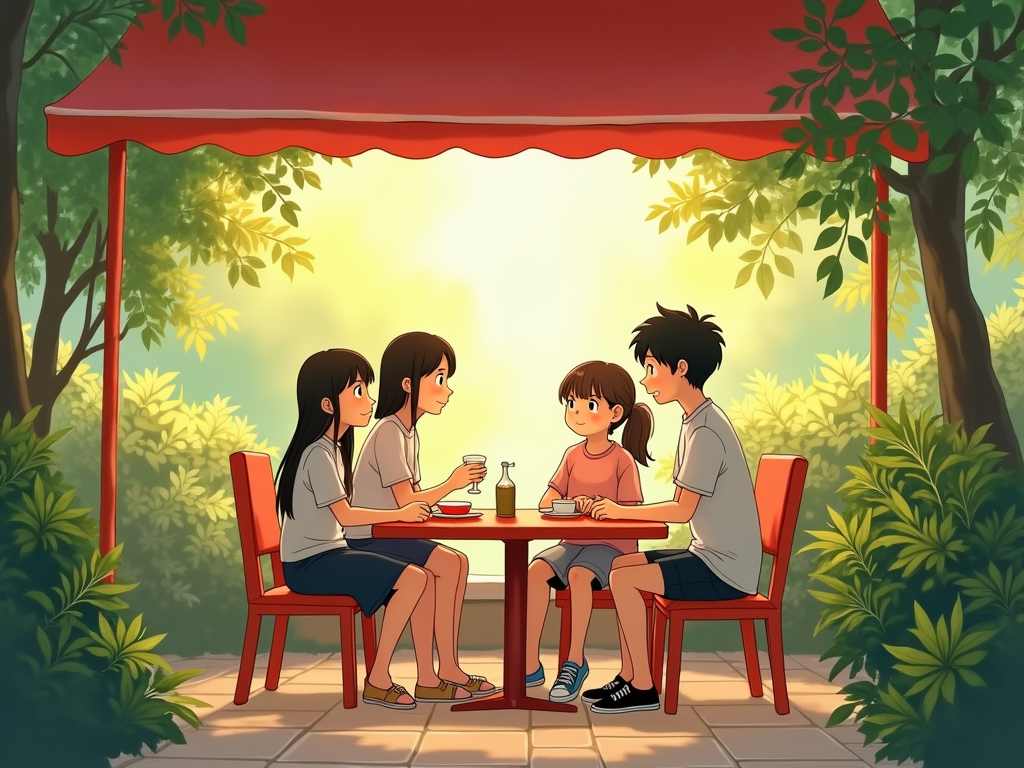 Here’s a Studio Ghibli-style prompt based on your photo:

Prompt:
"A heartwarming Studio Ghibli-style illustration of four friends sitting at a red table in an outdoor café surrounded by lush green plants. The scene is bathed in warm, golden light filtering through the trees, giving it a dreamy and nostalgic atmosphere. The characters have expressive, soft anime-style features, with gentle smiles and relaxed postures. The setting has a painterly texture, with hand-drawn details in the foliage, the red canopy above, and reflections on the glossy tiles of the table. The background blends soft brushstrokes and a storybook aesthetic, evoking the charm and coziness of a Ghibli film like Whisper of the Heart or My Neighbor Totoro."
