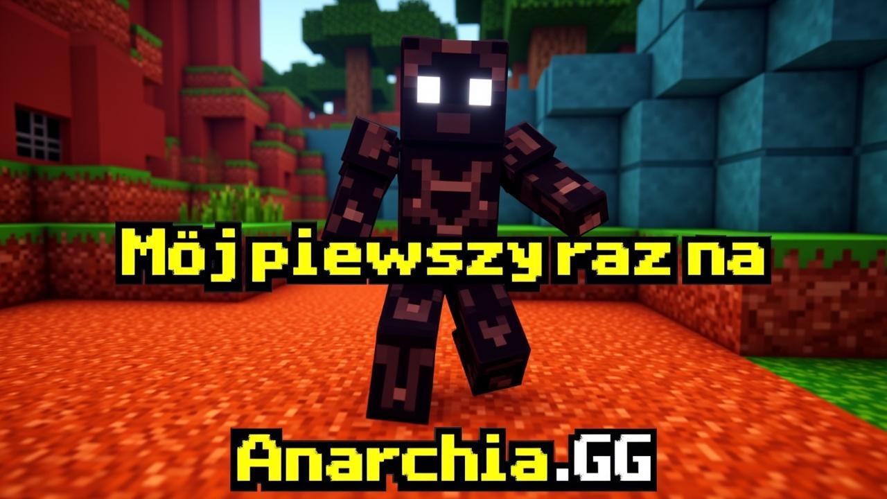 Minecraft thumbnail, 1280x720 resolution, 16:9 ratio, realistic Minecraft screenshot style with shaders, vibrant lighting and natural shadows, colorful blocks background (red nether blocks, orange and yellow sand, blue structures, green grass, tree), central character in full iron armor (helmet, chestplate, leggings, boots), character is black-skinned humanoid with glowing white eyes (Minecraft skin), dynamic pose similar to walking or running forward, bright and vivid colors, Polish text at the bottom in bold pixelated font with black outline: "Mój pierwszy raz na" on first line, "Anarchia.GG" on second line, the word "GG" in yellow color, the rest in white, text centered at bottom, composition like YouTube thumbnail, high quality, ultra sharp
