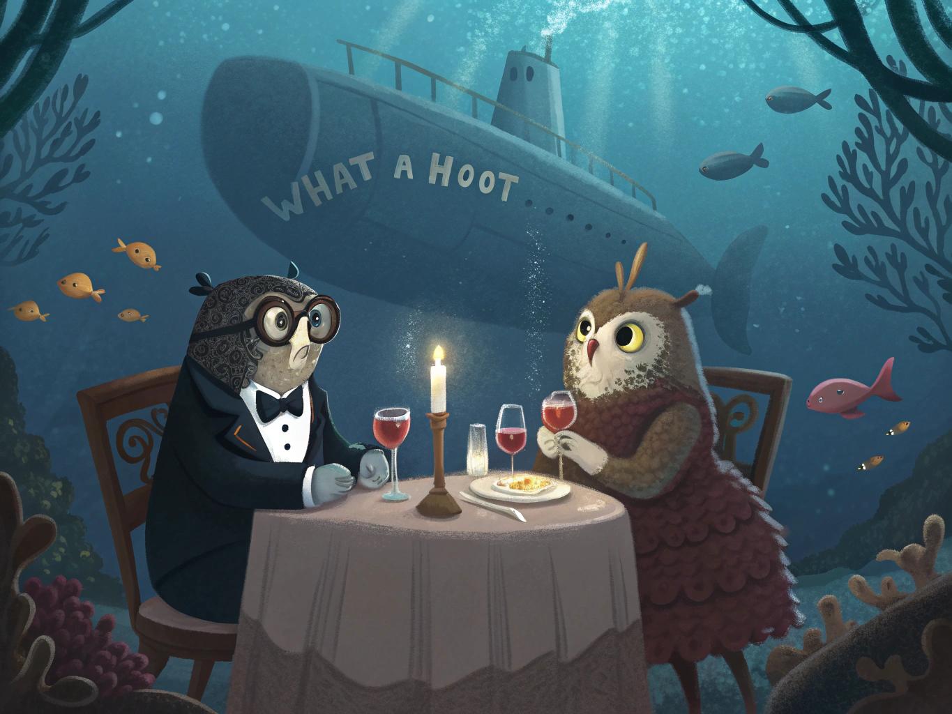 underwater scene of two owls sitting at a fancy dining table with a lit candle in the center, the two owls are having a lovely dinner together. The left owl is wearing a tuxedo, the right owl is wearing a nice dress. In the background is a submarine passing by with the words "What a Hoot" painted on its side. There are little jellyfish swimming around at the bottom of the image below the table, cinematic beautiful digital artwork