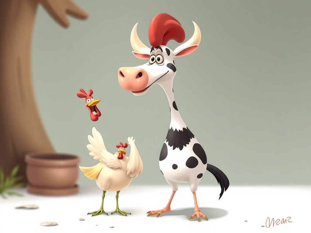 A whimsical caricature of Mam character of "cow and chicken" animation
