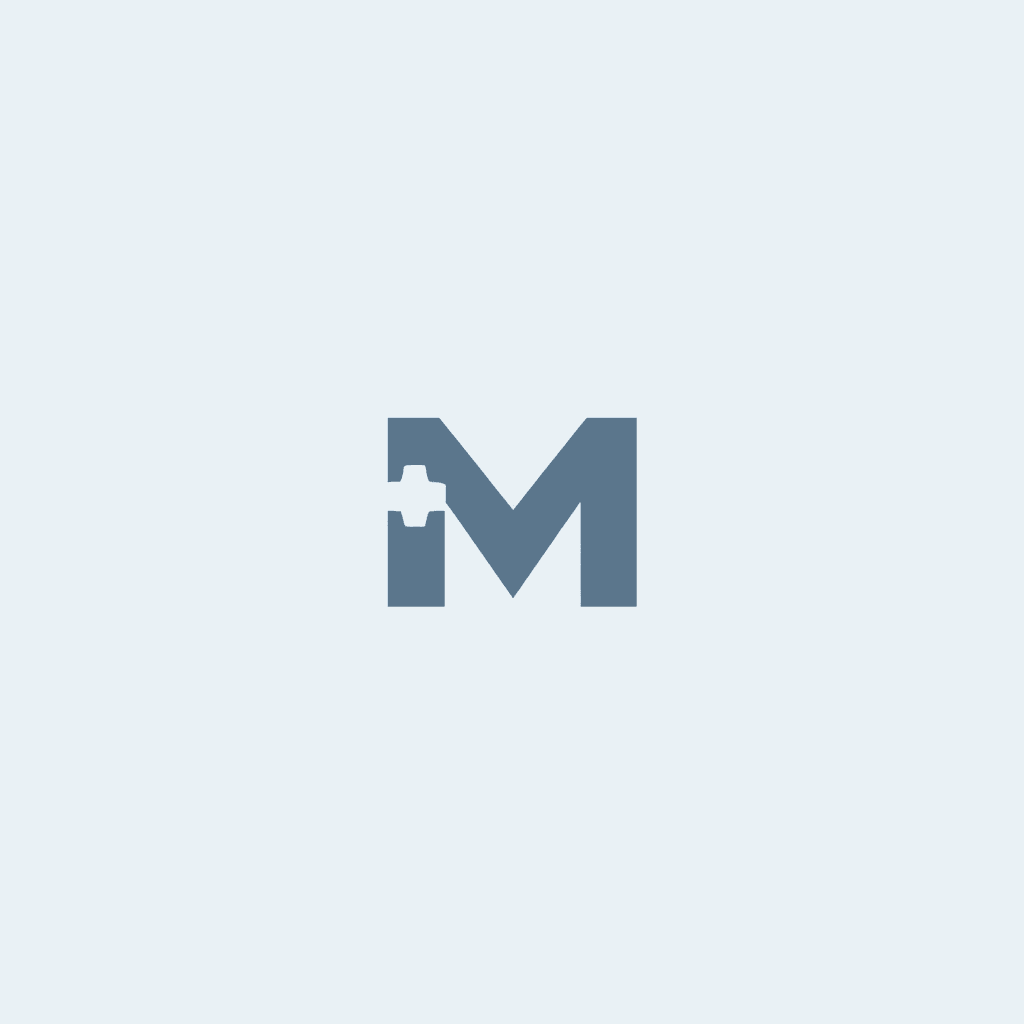 A simple and professional logo design combining the letter 'M' (for marketing) and a medical '+' symbol. The concept represents diagnosis and treatment of marketing issues. Use soft blue and medium gray colors. Minimalist, modern style with a clean and trustworthy appearance. Not flashy or overly decorative