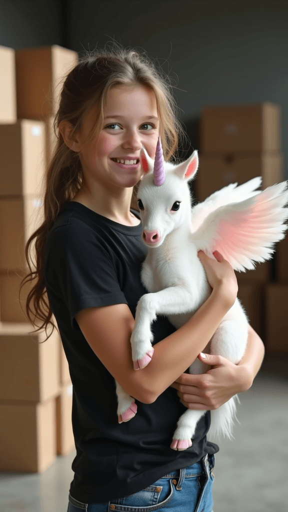 A hyper-realistic, cinematic photo of a smiling teenage girl with loosely tied light brown hair, wearing a simple black t-shirt and jeans, standing in a warehouse filled with tall cardboard boxes. She is joyfully holding in her arms a living baby unicorn — a small, lifelike white foal with natural proportions, large soft white feathered wings, and a spiraled pastel pink horn on its forehead.

The unicorn’s face must be entirely realistic: shaped exactly like a baby horse (foal), not cartoonish, not plush or toy-like, and definitely not resembling a piglet or any other animal. Its snout is long and elegant, like a miniature horse. Its eyes are large, deep, glossy, and soulful, reflecting soft light from the ceiling. The unicorn’s fur is short, soft, snow-white with subtle shading, and looks touchably real. The wings are feathered with delicate texture and motion blur on the edges, like captured mid-movement. Its hooves are tiny, smooth, slightly pink-toned with a faint lavender hue, realistically shaped and gently resting in the girl’s hands.

The lighting is natural and diffused from overhead fluorescent warehouse lights, casting realistic soft shadows and highlights. The camera angle is portrait, eye-level, with a DSLR look — shallow depth of field (f/2.8 or similar), so the background (boxes and storage room) is slightly blurred, while the girl and unicorn are in perfect sharp focus.

The overall image must look like a real photo taken in real life, with extreme attention to lifelike detail — skin pores, real fabric texture on clothes, detailed fur and feather rendering, subtle lighting and reflections, accurate shadows, and color balance. Absolutely no cartoonish, anime, CGI, fantasy glow, or stylization effects. No toy-like features. Everything must be grounded in the physical world — a fantasy creature presented as if it exists in our reality.

Model: Flux 1.1.1 Dev
Style: Ultra-realistic, cinematic, DSLR-quality
Aspect Ratio: 9:16 (vertical portrait)
Lighting: Realistic fluorescent indoor
Camera settings (simulated): DSLR, 50mm lens, f/2.8
Render resolution: Ultra high (4K preferred)
Negative prompt (to ensure realism): no cartoon, no CGI, no stylized, no plastic texture, no toy appearance, no exaggerated features, no low-res, no fantasy lighting, no artificial glow
