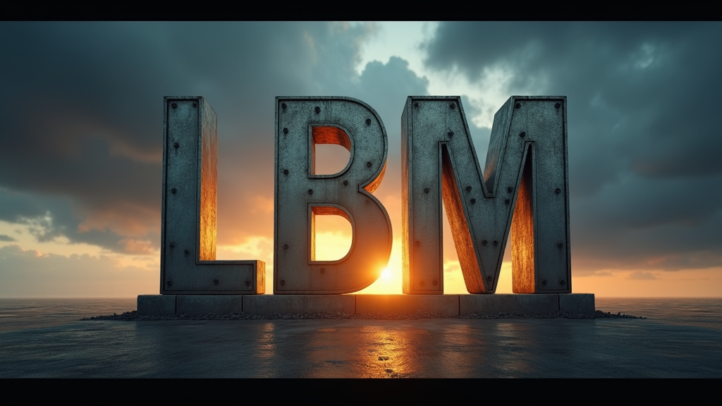 Create a hyper-realistic, cinematic movie production logo featuring the bold, stylized letters L B M, standing for LandscaperBob Media. The letters should be large, metallic, and three-dimensional, with a brushed steel texture and dramatic lighting casting soft shadows. Position the letters in the center of the frame, spaced slightly apart with depth and weight, as if forged from industrial-grade metal.

Behind the letters, feature a dark, cloudy sky or a sunlit horizon breaking through storm clouds — symbolizing creativity rising through grit. Include subtle lens flares and particle effects like dust or light rays moving across the screen, enhancing the cinematic atmosphere.

Add a faint engraved subtitle beneath the letters:
“LandscaperBob Media” in a clean, sleek font — minimalist but modern.

Incorporate a subtle slow camera zoom-in or pan if animating. The color palette should be rich and moody: dark blues, silvers, and golden highlights. This should resemble the intro of a high-end production studio, suitable for theatrical release or major streaming service branding.