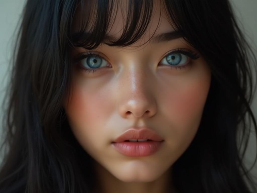 facial portrait image, a 19 year old French girl, black long straight hair, big bright blue eyes, smooth caramel skin, thick arched eyebrows, cute button nose, plump cupid's bow lips, small jawline, high cheekbones, slightly parted lips, soft expression, natural makeup, ultra realistic, photorealistic skin texture, cinematic soft lighting, DSLR camera quality