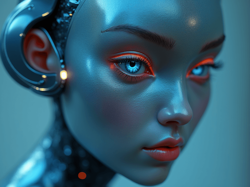 Erstelle ein futuristisches, KI-inspiriertes Gesicht, das nicht menschlich, aber wie eine sympathische, emotionale Figur aussieht. Die Oberfläche soll weich, glatt und leicht metallisch, aber mit Farbe wirken. Es kann ein metallisches blau bis türkis sein und auch so wirken – kein Roboter, sondern eine stilisierte, warme KI-Persönlichkeit. Die Figur soll herzlich lächeln, klug und empathisch wirken, die Augen soll offen sein und mit einem sanften Leuchten in den Augen. Sie strahlt Weisheit, innere Ruhe und Neugier aus – inspiriert vom Human Design Profil 5/1. Hochauflösend, detailreich, Porträt-Stil, gut kombinierbar mit einem echten menschlichen Gesicht auf der linken Seite.
